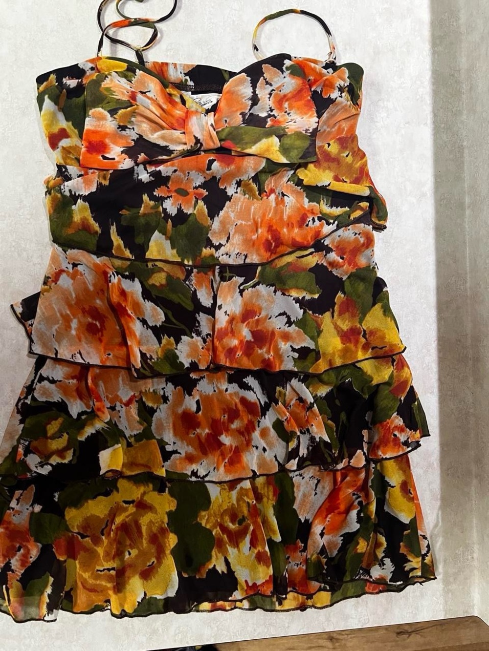Speechless Black Floral Ruffle Top with Orange, Yellow and Green